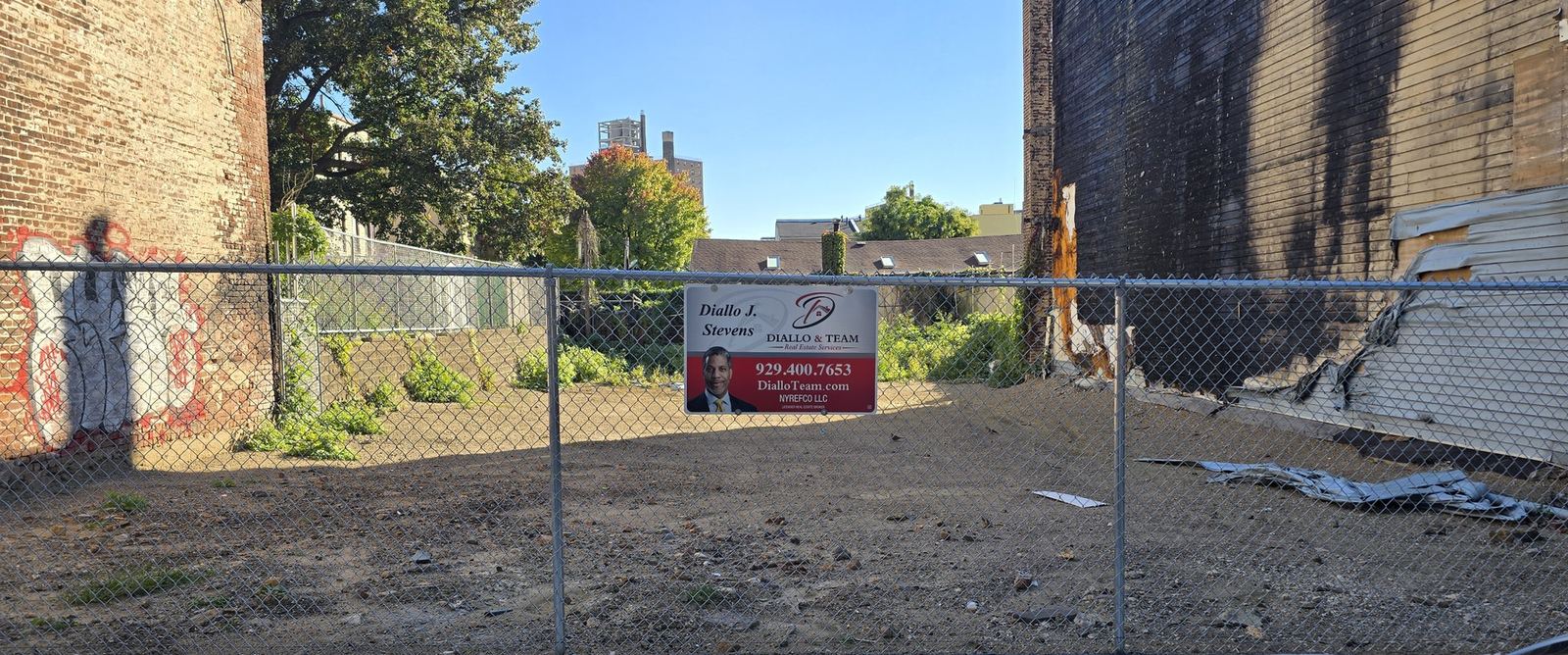 The lots at 792 and 794 East 160th Street, Bronx, seen from the sidewalk